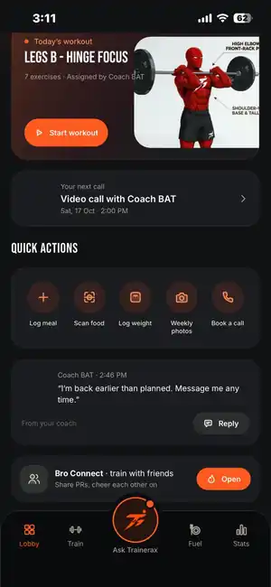 Today's workout and quick actions in the Trainerax app