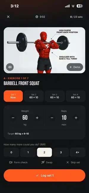 Logging a set of barbell front squats with the demo video