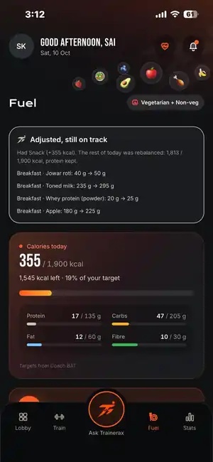 Fuel screen: calories and macros eaten today
