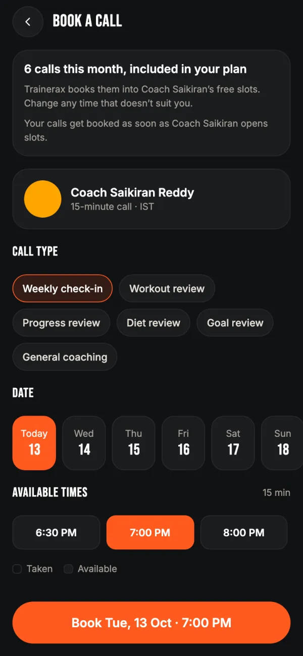 Booking a 7:00 PM weekly check-in call with Coach Saikiran Reddy